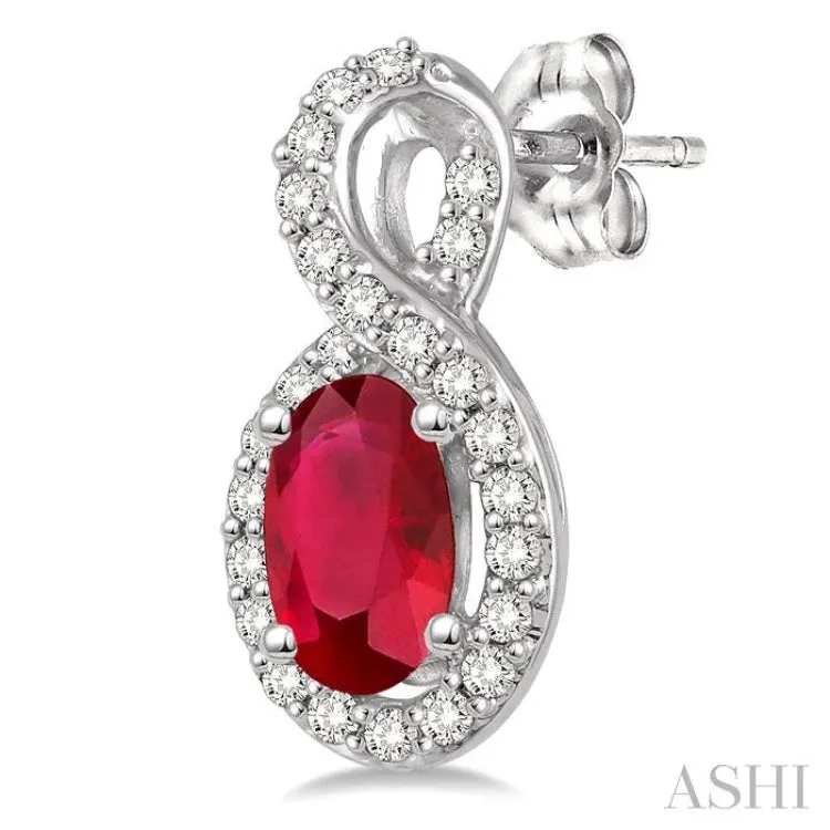 5x3 MM Oval Cut Ruby and 1/5 Ctw Round Cut Diamond Earrings in 14K White Gold