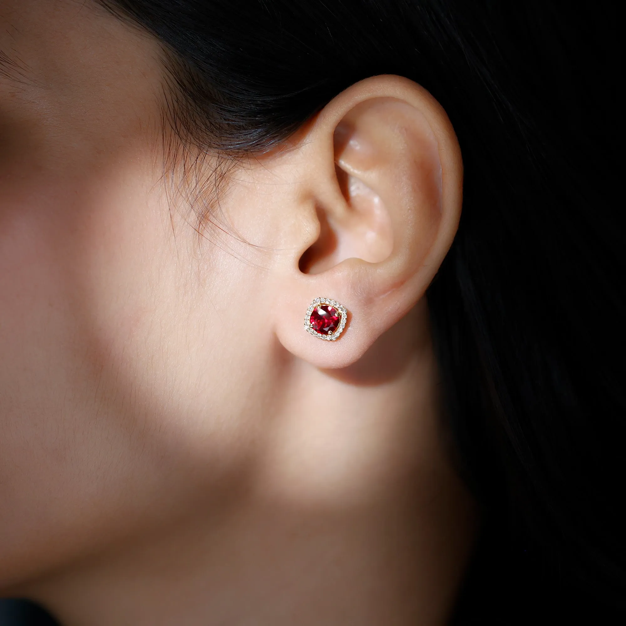 6 MM Round Lab Grown Ruby Halo Stud Earrings with Diamond