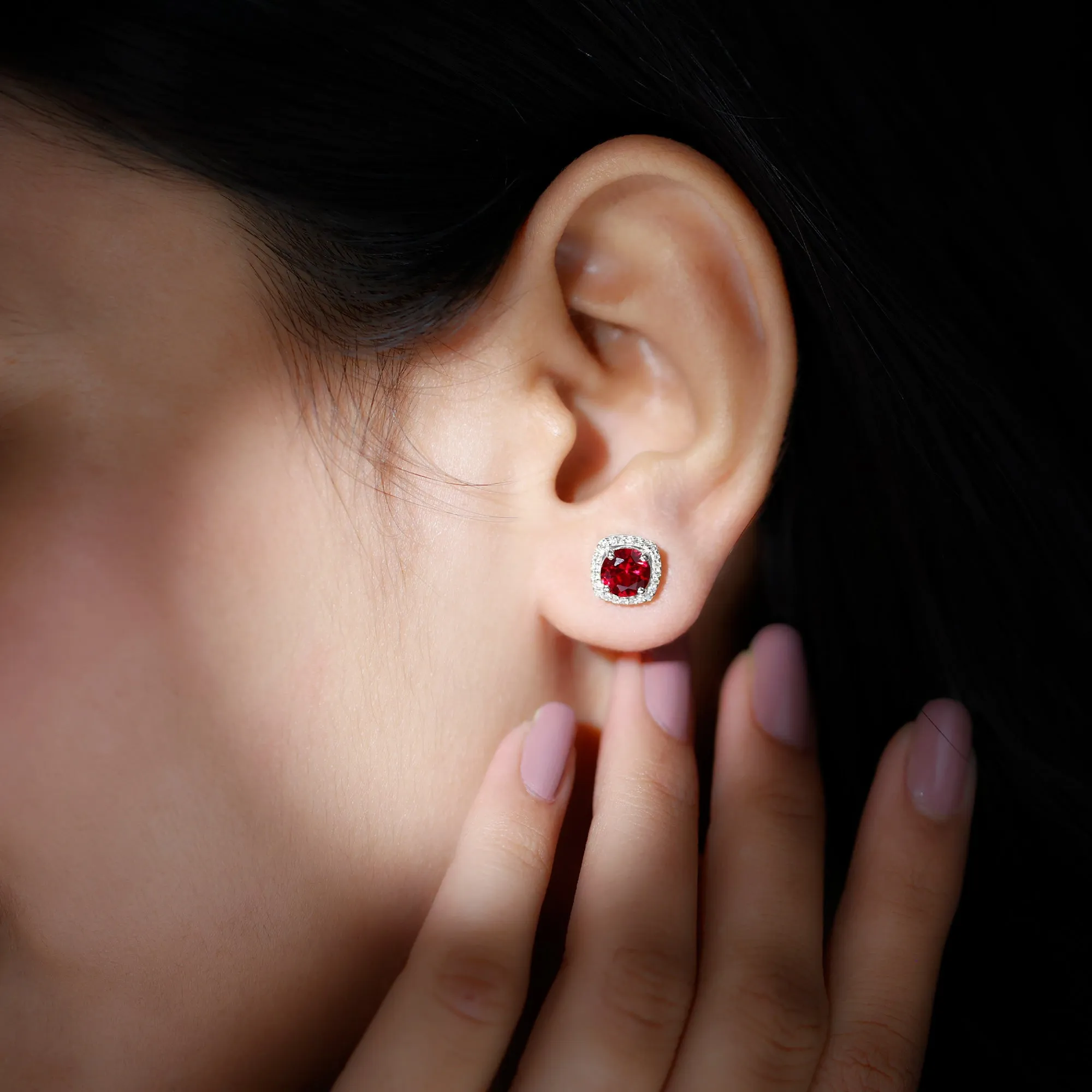 6 MM Round Lab Grown Ruby Halo Stud Earrings with Diamond