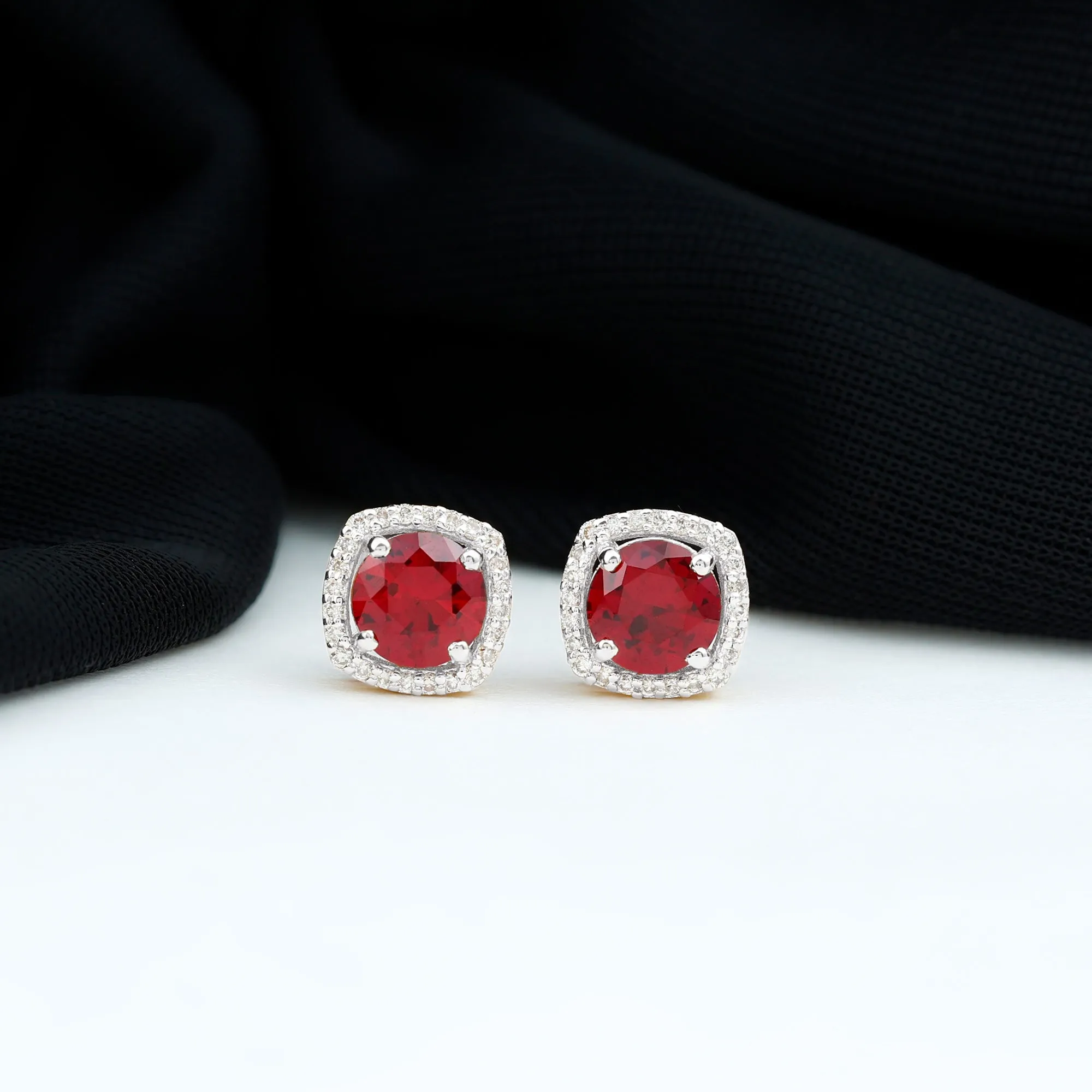 6 MM Round Lab Grown Ruby Halo Stud Earrings with Diamond