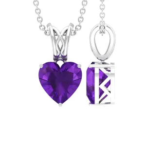 8 MM Heart Shape Amethyst Pendant in 3 Prong Setting with Decorative Bail