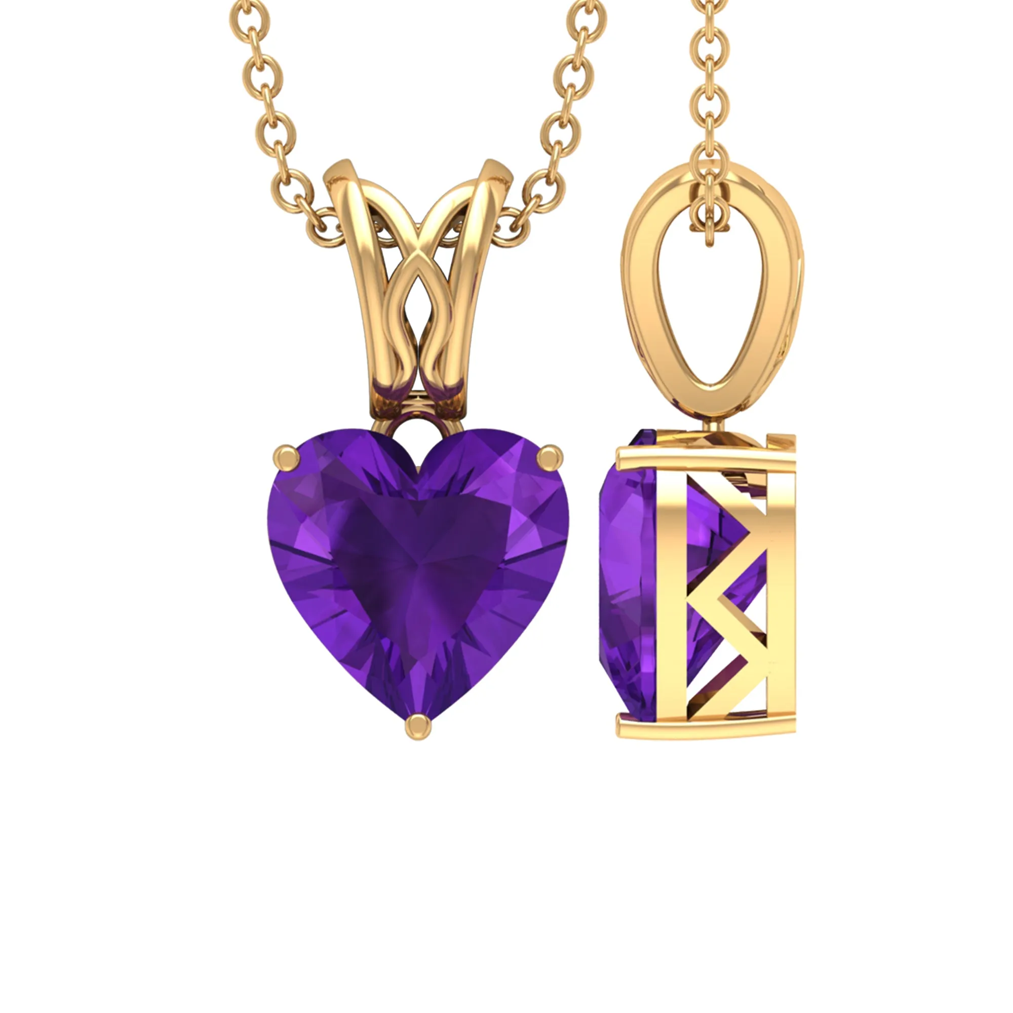 8 MM Heart Shape Amethyst Pendant in 3 Prong Setting with Decorative Bail