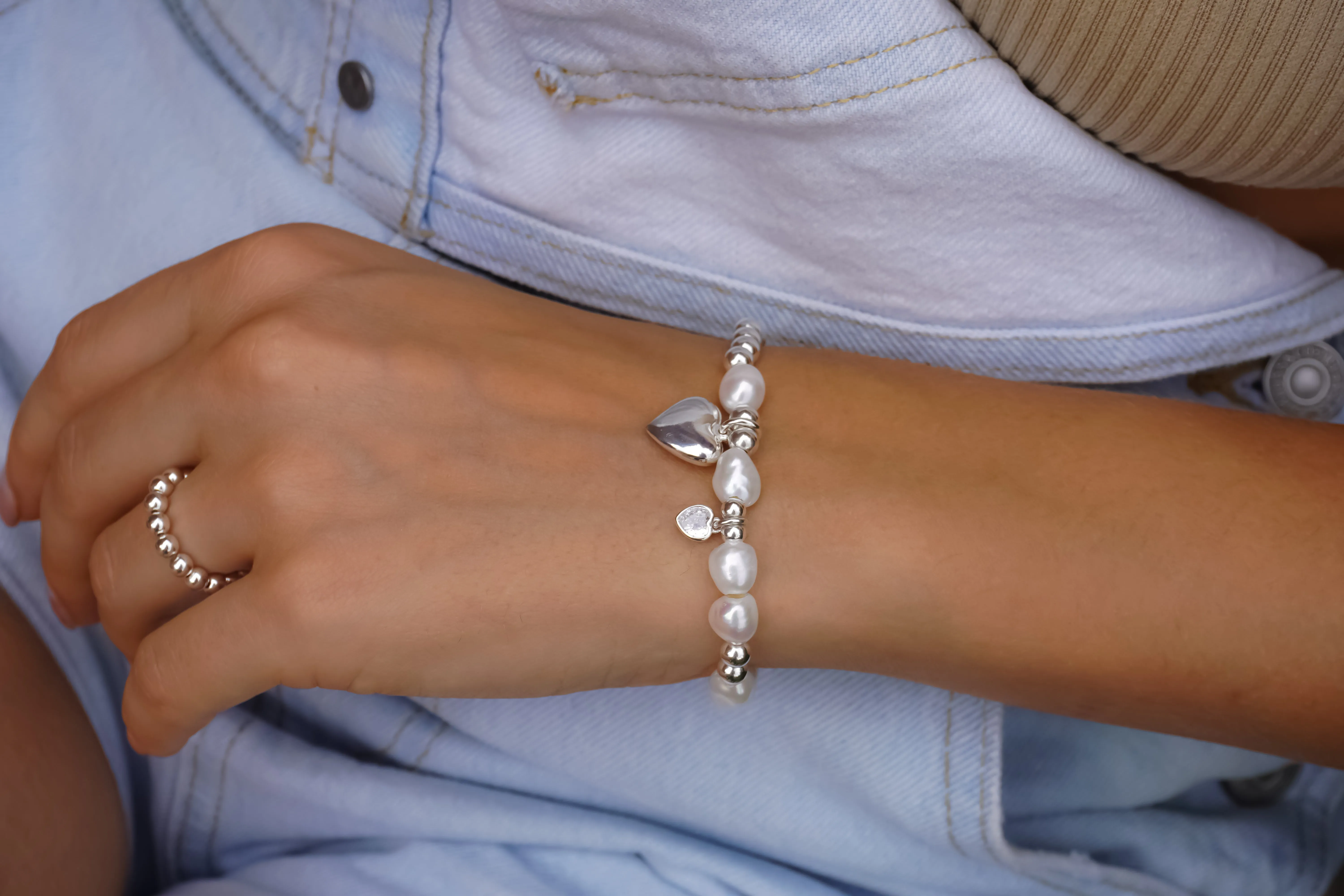 925 Sterling Silver & Freshwater Pearl Asymmetric Stretch Bracelet w/ Silver Heart, Clear CZ Heart, Stacked Bracelets