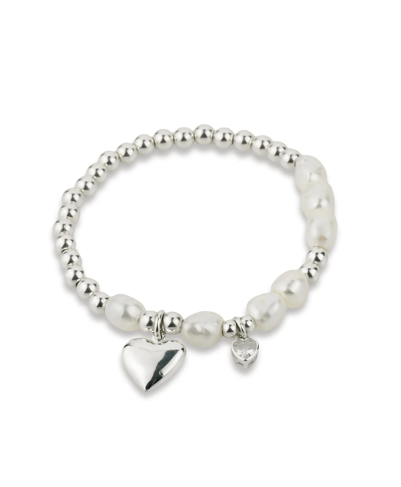 925 Sterling Silver & Freshwater Pearl Asymmetric Stretch Bracelet w/ Silver Heart, Clear CZ Heart, Stacked Bracelets