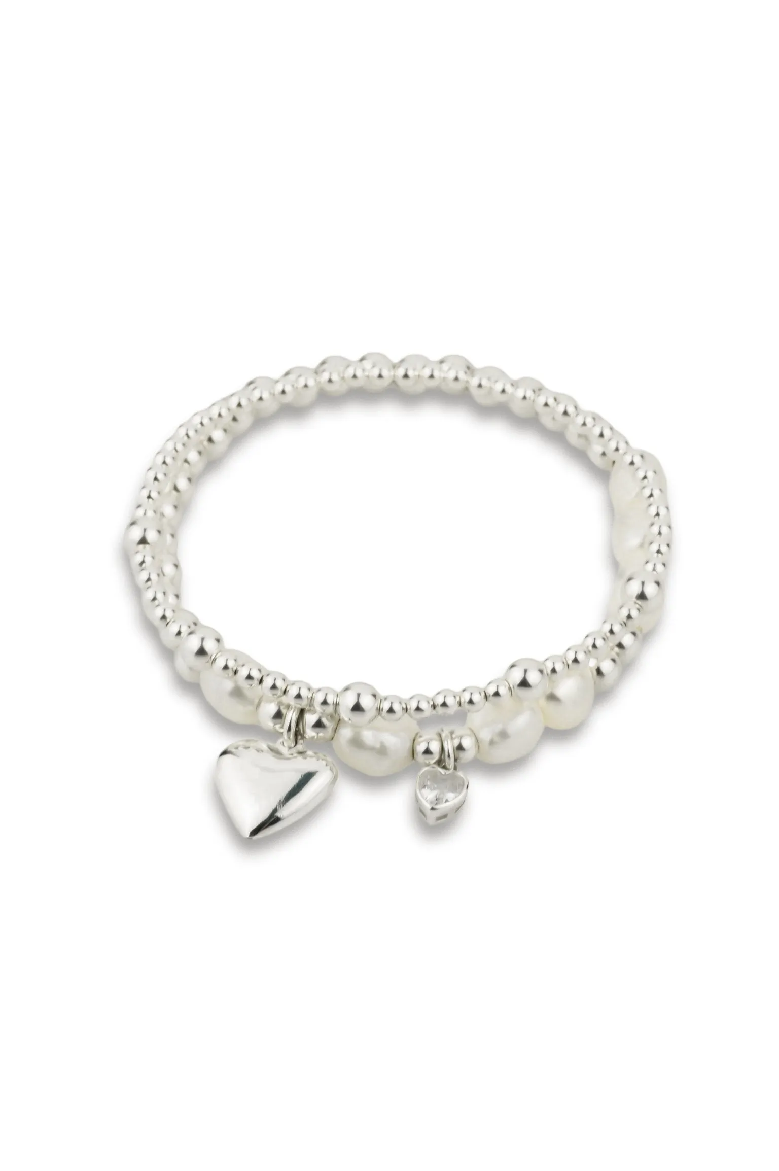 925 Sterling Silver & Freshwater Pearl Asymmetric Stretch Bracelet w/ Silver Heart, Clear CZ Heart, Stacked Bracelets