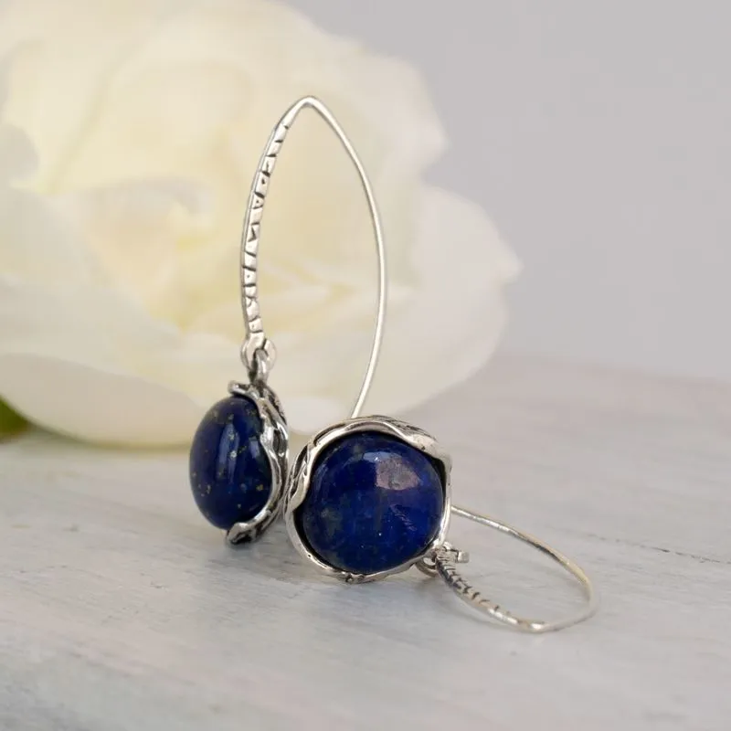 925 Sterling Silver Round Blue Lapis Lazuli 12mm Dangle Earrings