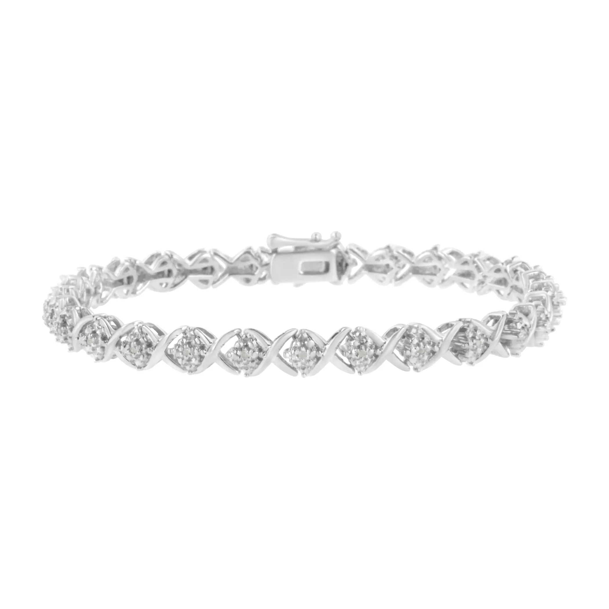 .925 Sterling Silver Round-Cut Diamond Accent Floral Cluster and "X" Link Bracelet (I-J Color, I3 Clarity) - 7.25"