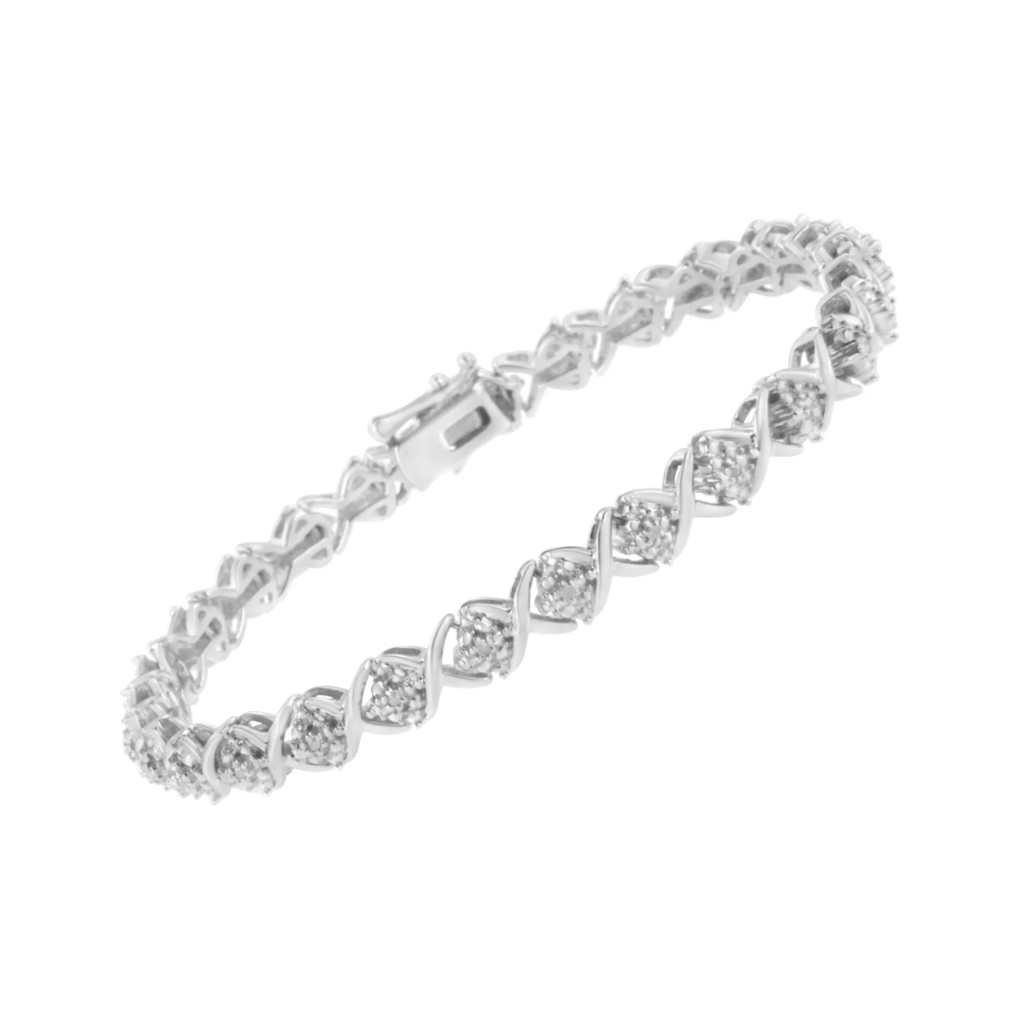 .925 Sterling Silver Round-Cut Diamond Accent Floral Cluster and "X" Link Bracelet (I-J Color, I3 Clarity) - 7.25"