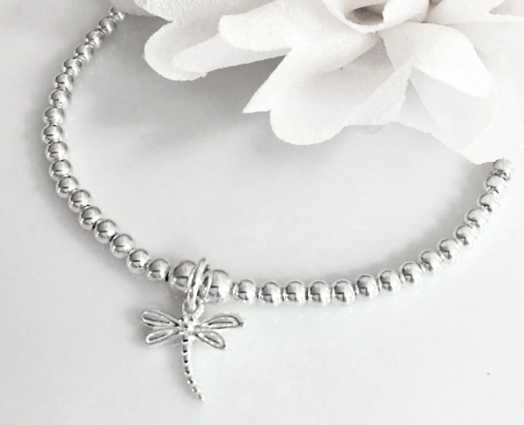 925 Sterling Silver Stretch Dragonfly Charm Bracelet, Dragonfly Bracelet, Silver Charm Bracelet