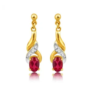 9ct Alluring Yellow Gold Created Ruby   Diamond Drop Earrings