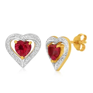 9ct Elegant Yellow Gold Created Ruby   Diamond Stud Earrings