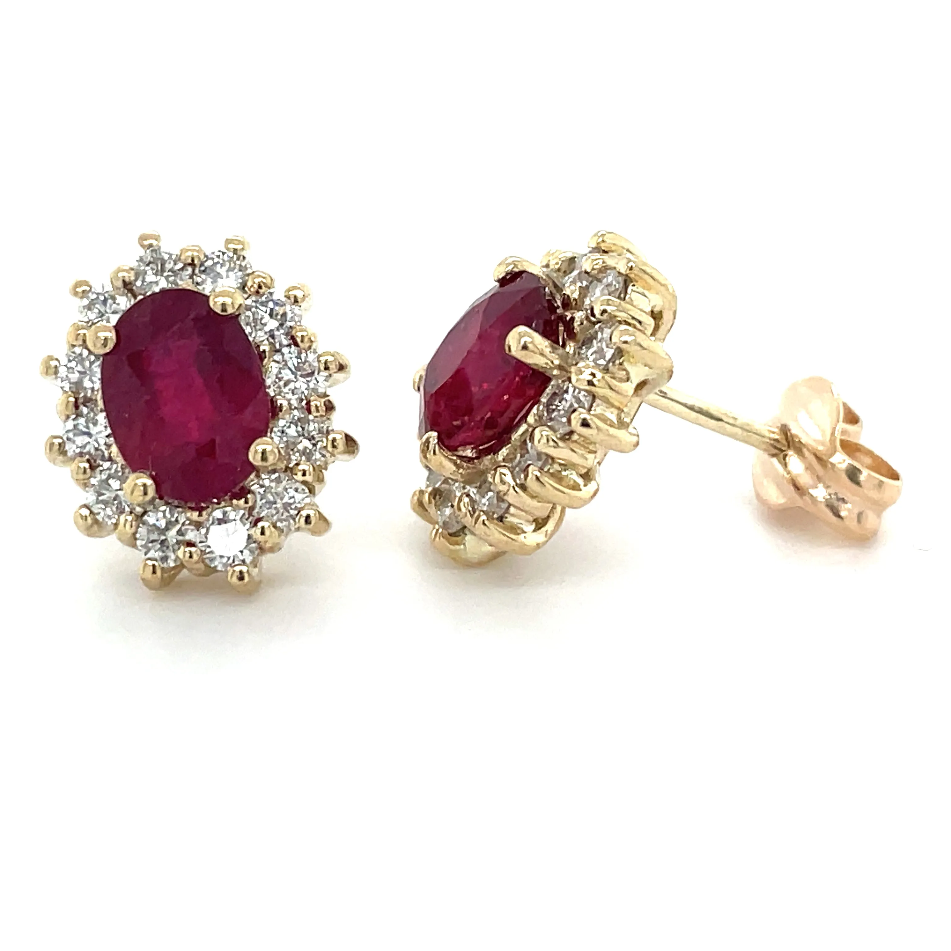 9ct Yellow Gold Earth Grown Oval Ruby & Diamond Cluster Earrings