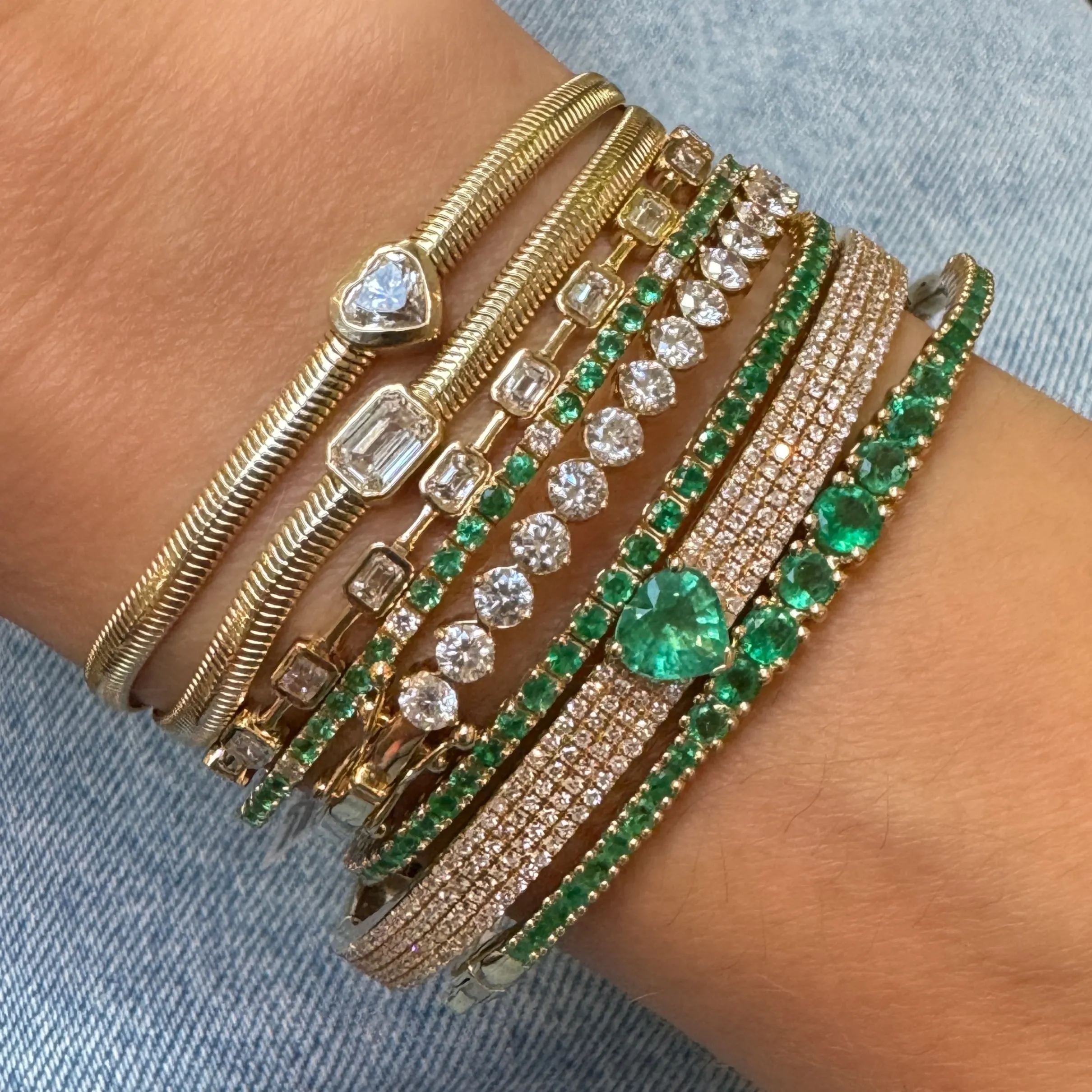 Alternating Diamond & Emerald Flex Bangle Bracelet