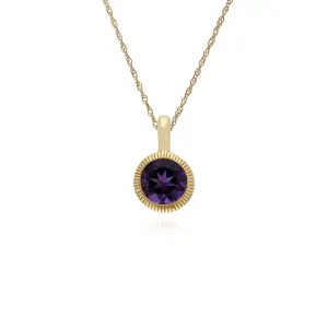 Amethyst Halskette, 9 Karat Gelbgold Amethyst Einzel Stein Rund Milgrain Anhänger auf 45cm Kette