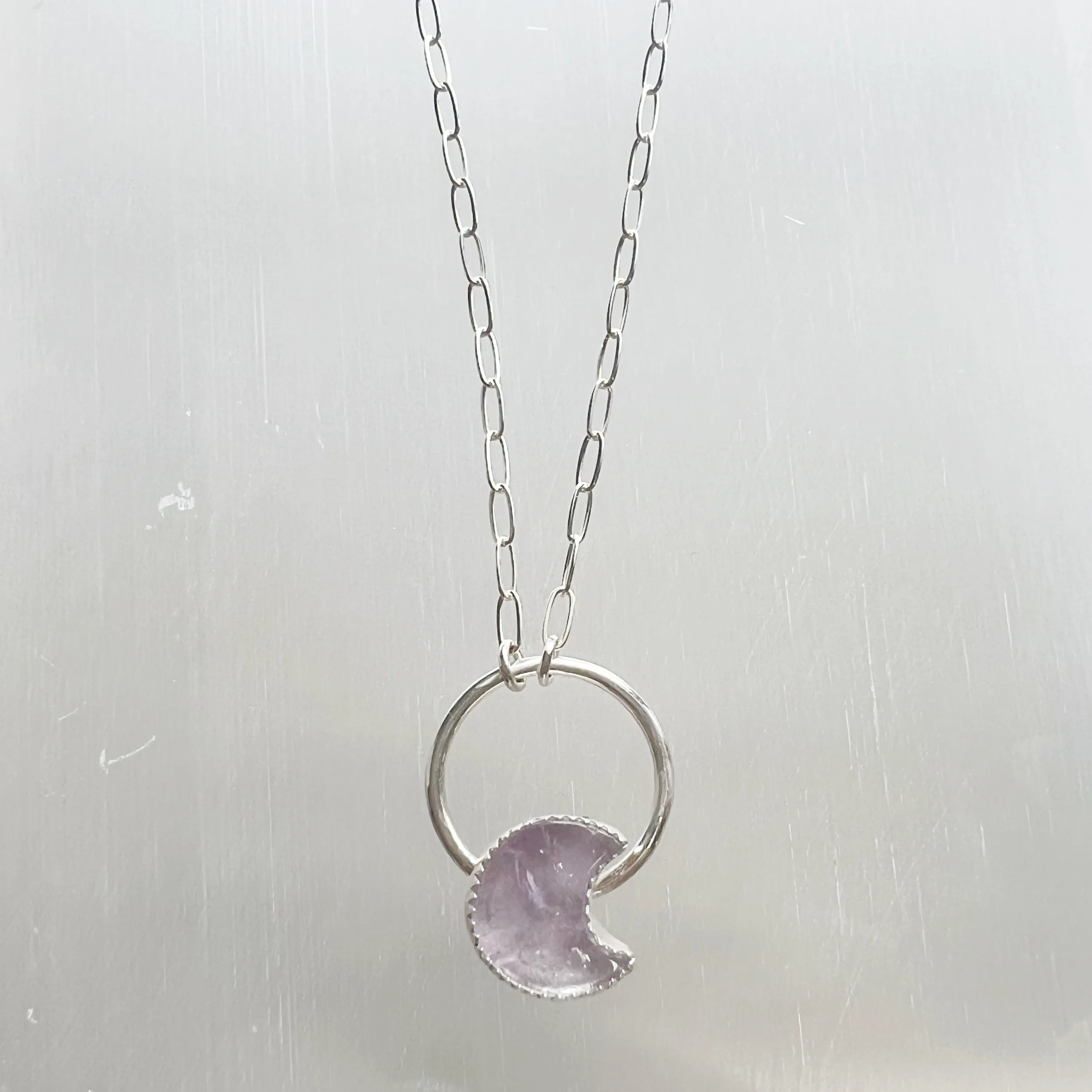 Amethyst Moon and Circle Necklace in Sterling Silver