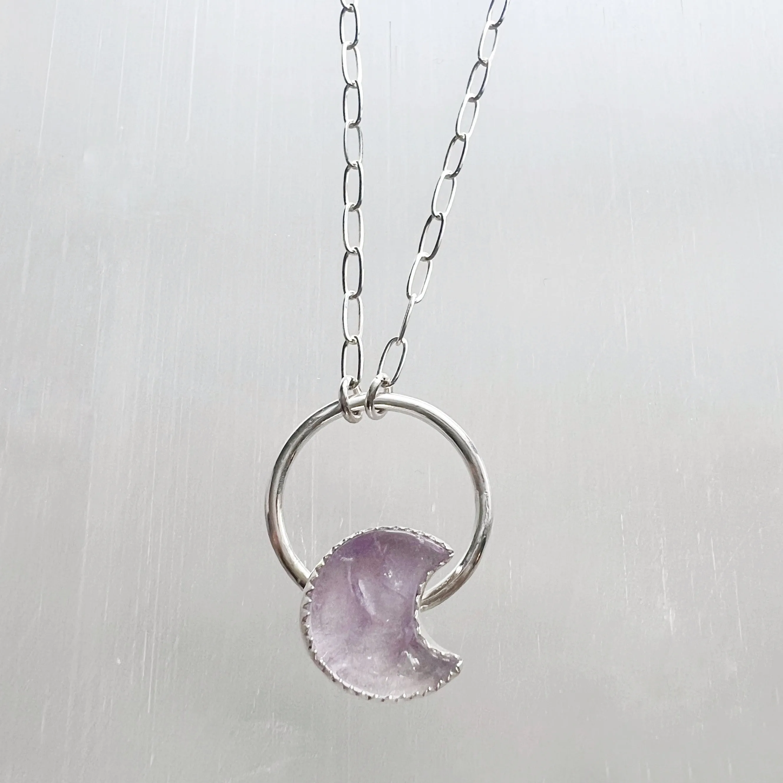 Amethyst Moon and Circle Necklace in Sterling Silver