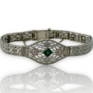 Antique 1920-30s Art Deco Solid 14kt White Gold Rhodium Plated Filigree Bracelet With Simulated Glass Emerald and Diamonds 7.5" Length