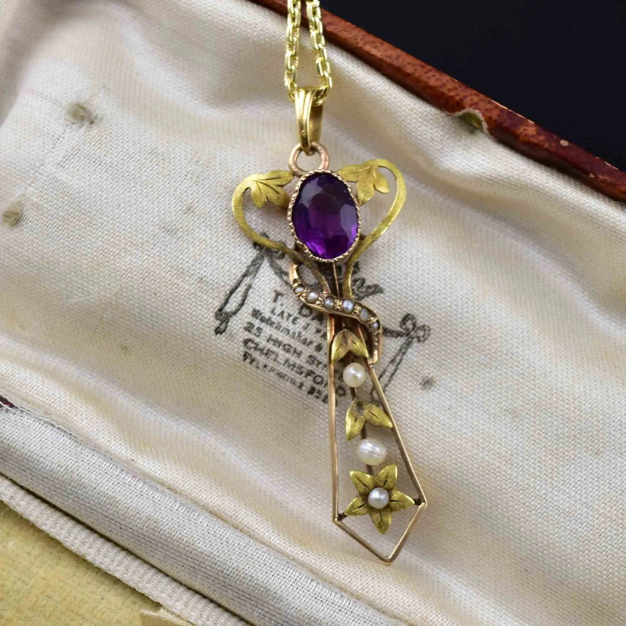 Antique Art Nouveau Gold Amethyst Pearl Cross Lavaliere Necklace