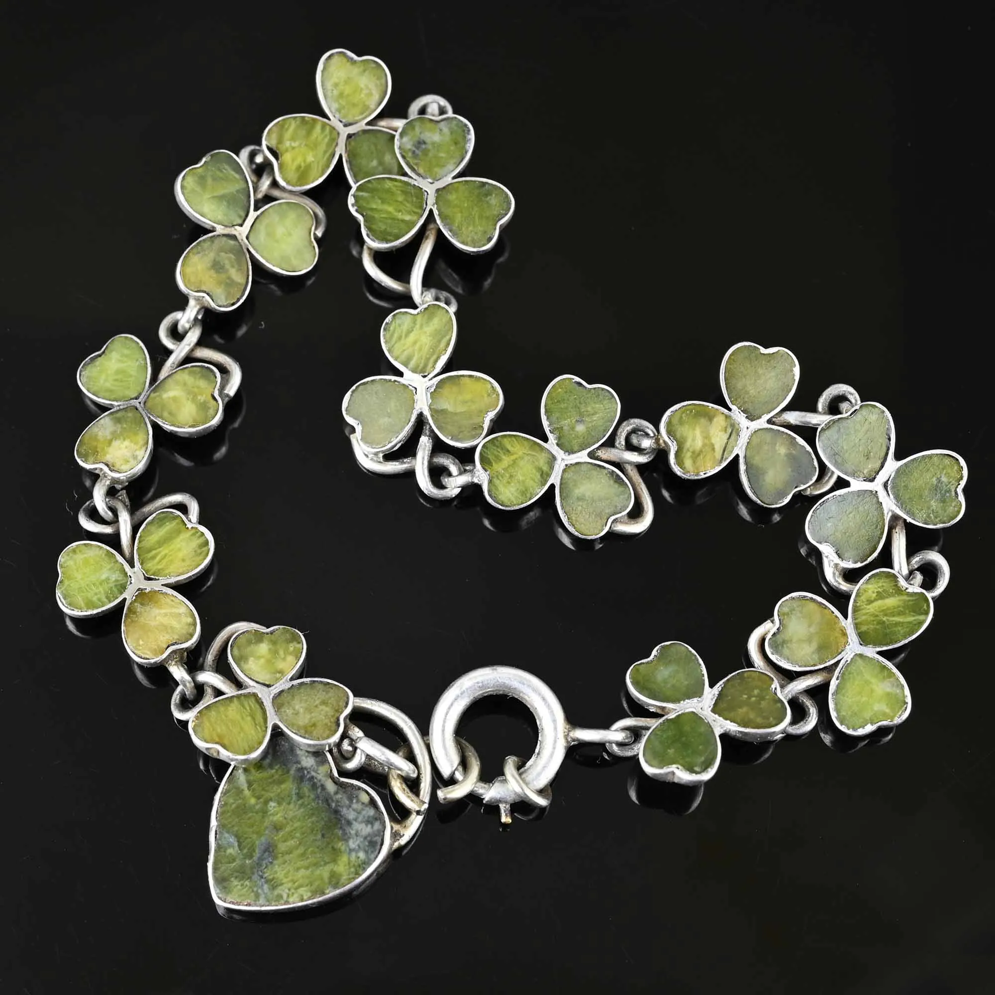 Antique Connemara Marble Shamrock Bracelet w Heart Padlock