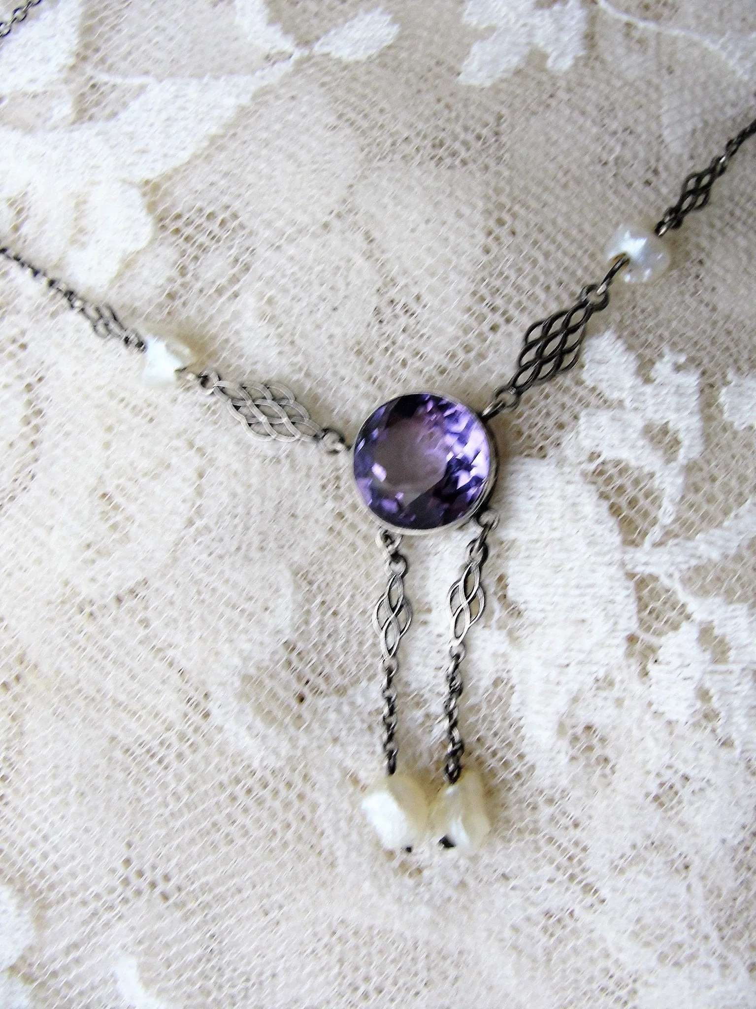 ANTIQUE Lavalier,Amethyst and Fresh Water Pearl Drops Necklace,Arts and Crafts Era,Edwardian Necklace,Beautiful Antique Pendant,Collectible