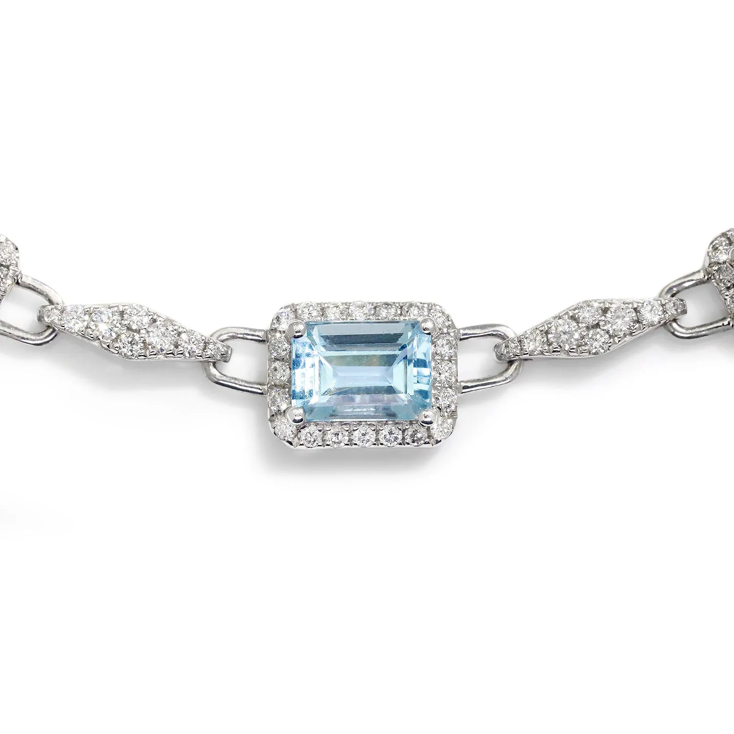 Aquamarine Link Necklace with Diamonds White Gold 18"