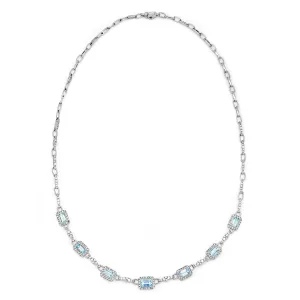 Aquamarine Link Necklace with Diamonds White Gold 18"