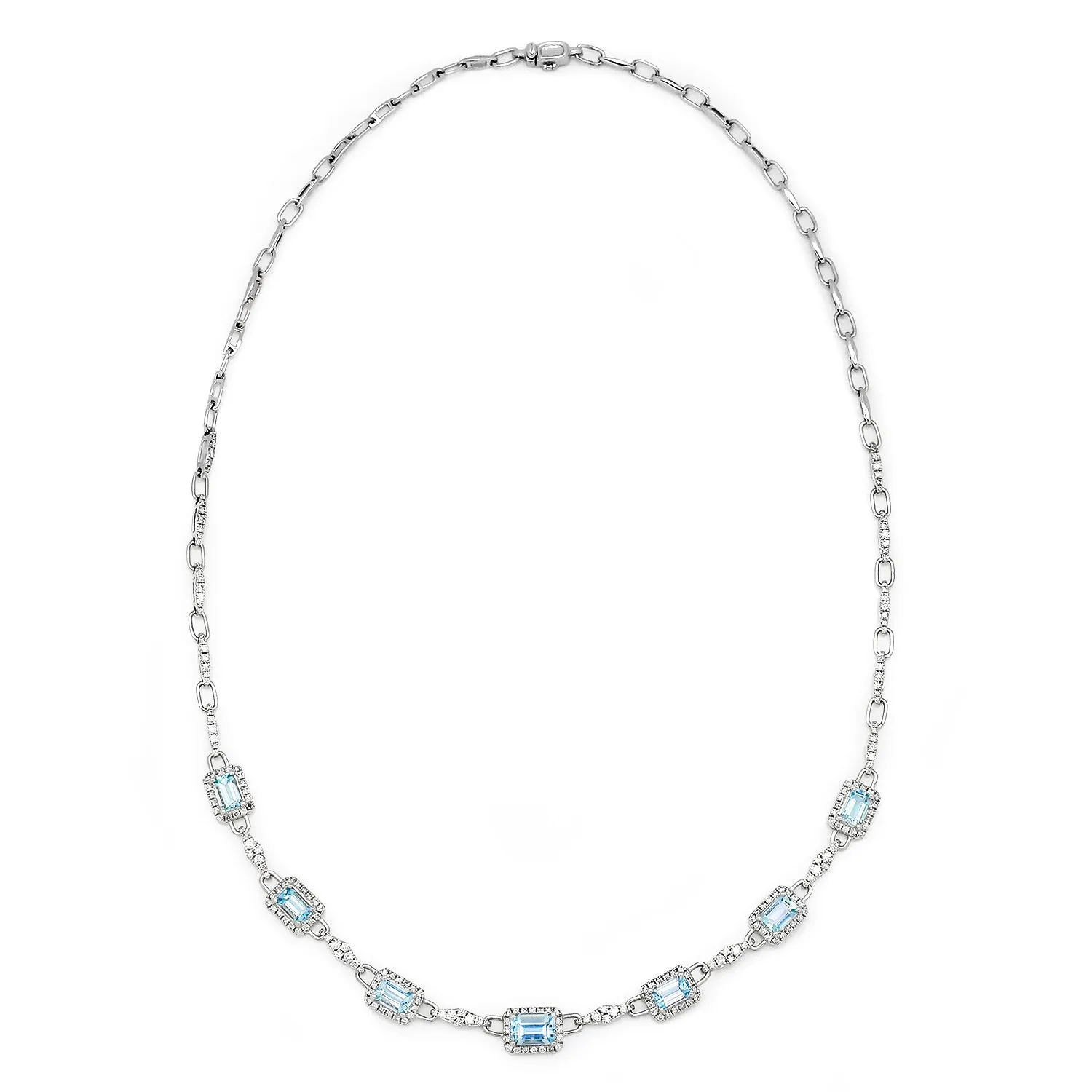 Aquamarine Link Necklace with Diamonds White Gold 18"