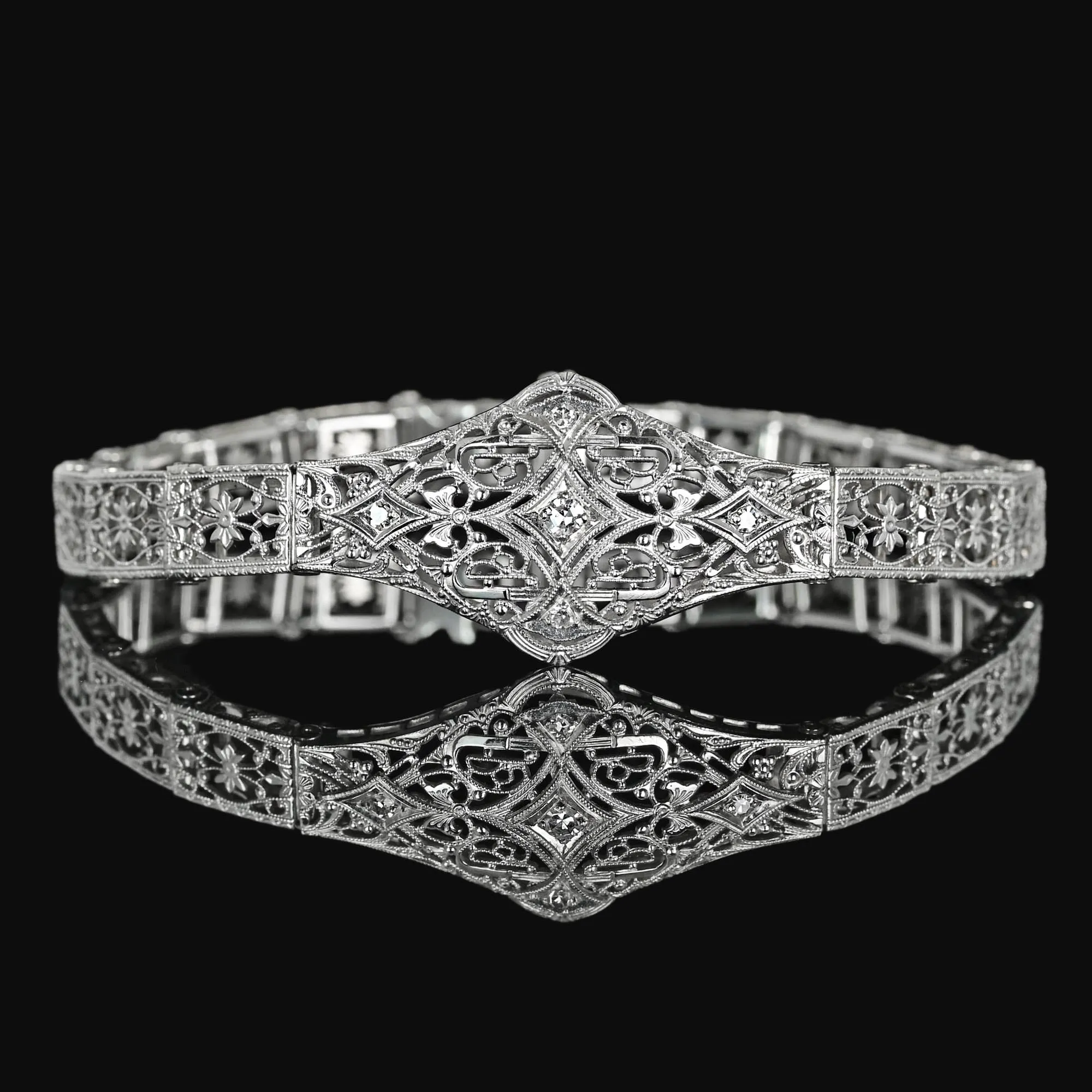 Art Deco 14K White Gold Floral Filigree Diamond Bracelet