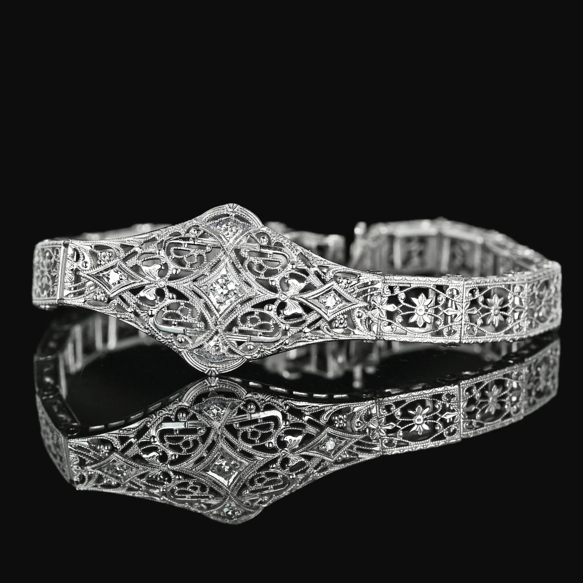 Art Deco 14K White Gold Floral Filigree Diamond Bracelet