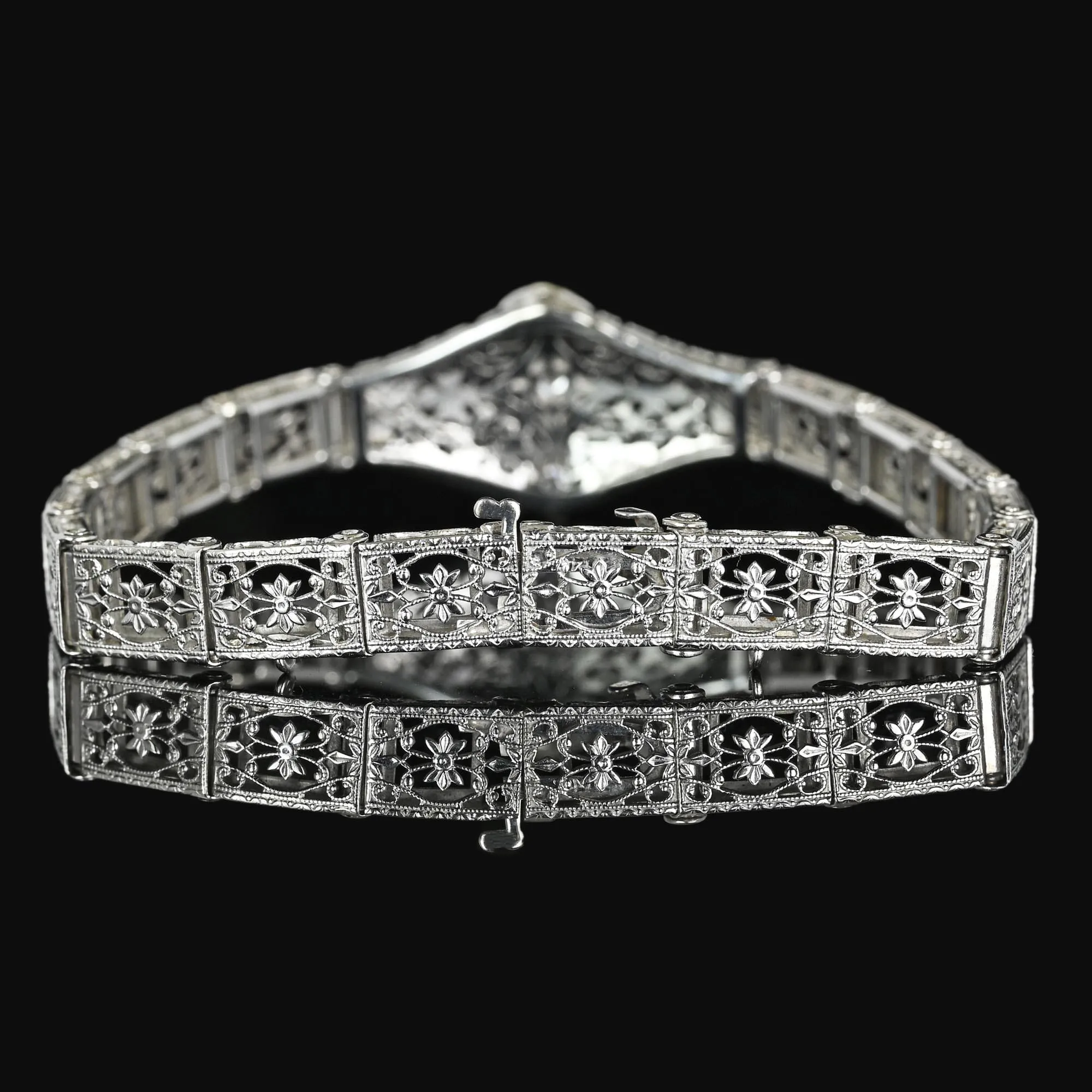 Art Deco 14K White Gold Floral Filigree Diamond Bracelet