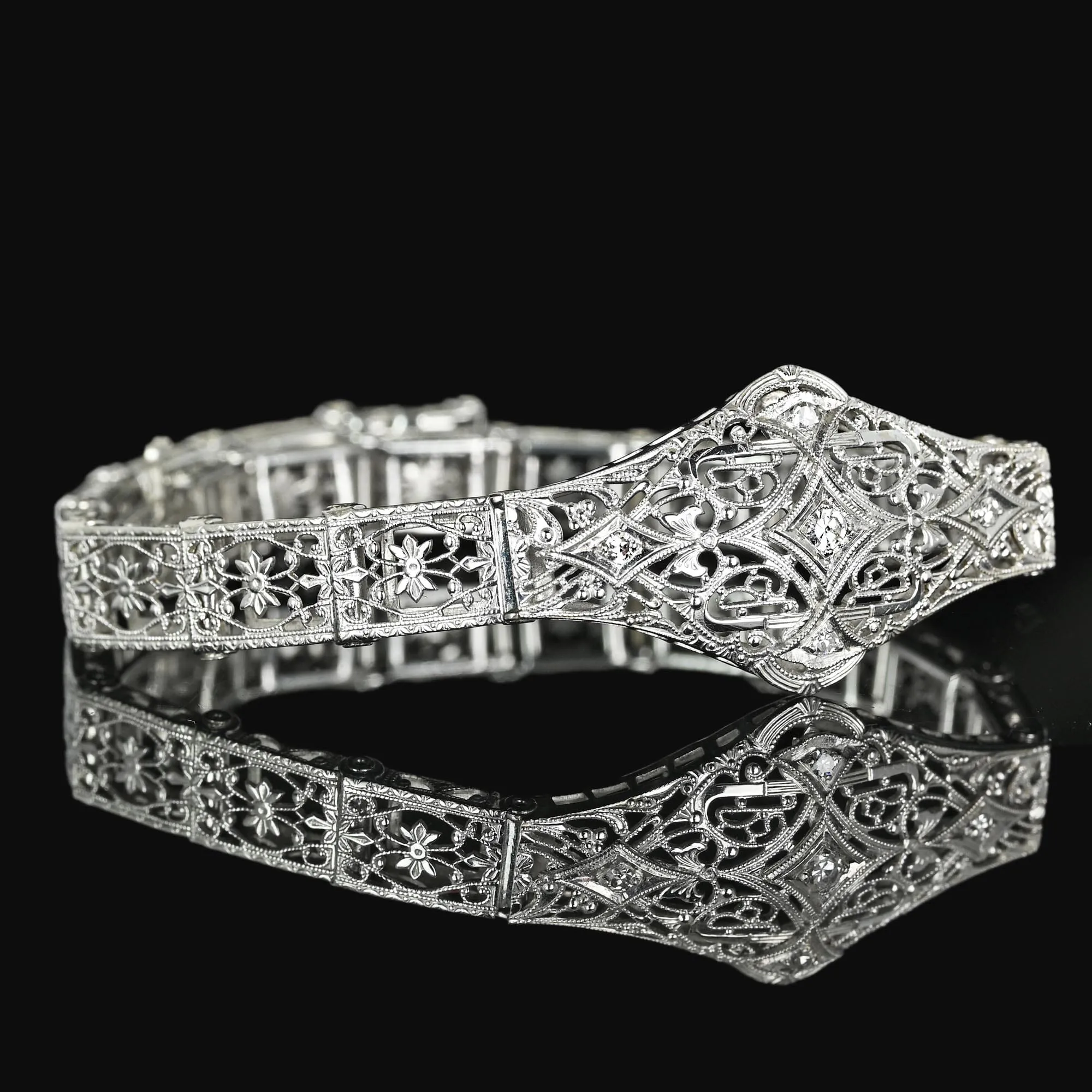 Art Deco 14K White Gold Floral Filigree Diamond Bracelet