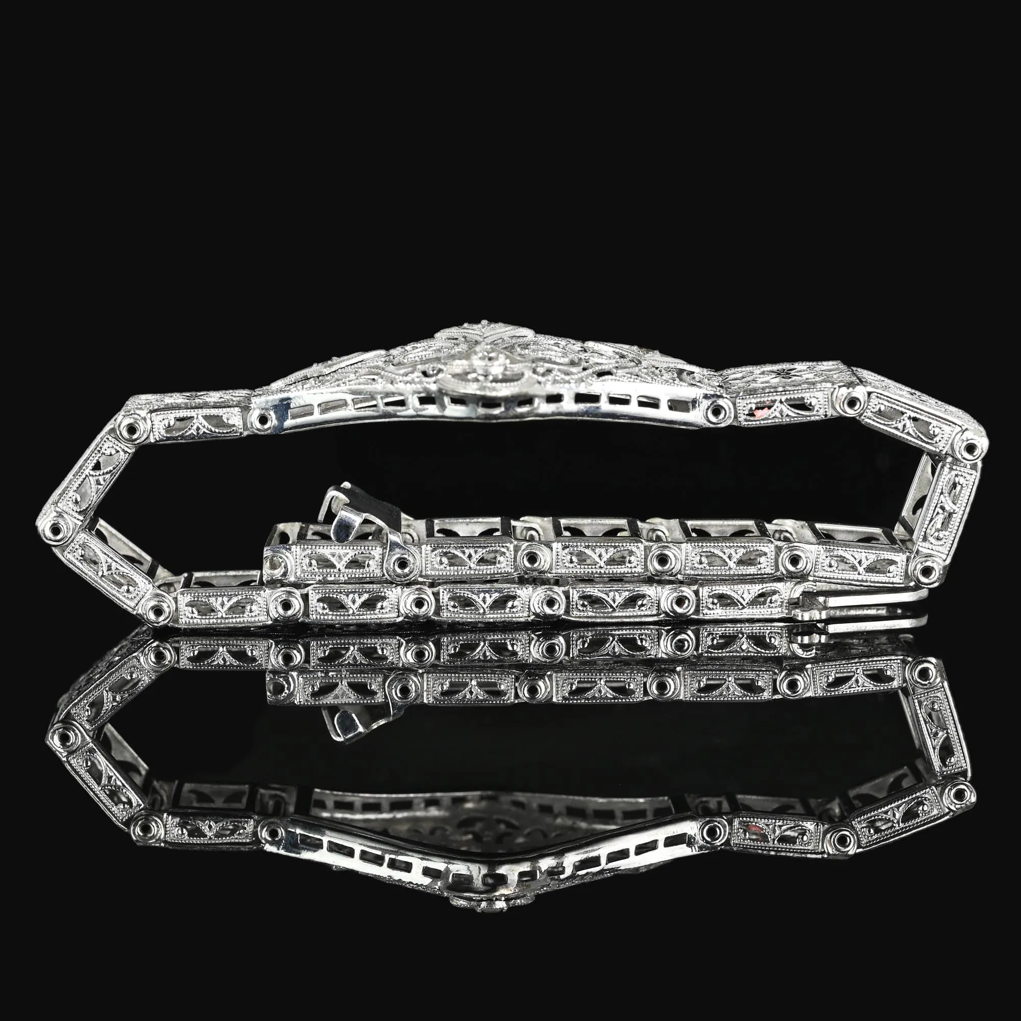 Art Deco 14K White Gold Floral Filigree Diamond Bracelet