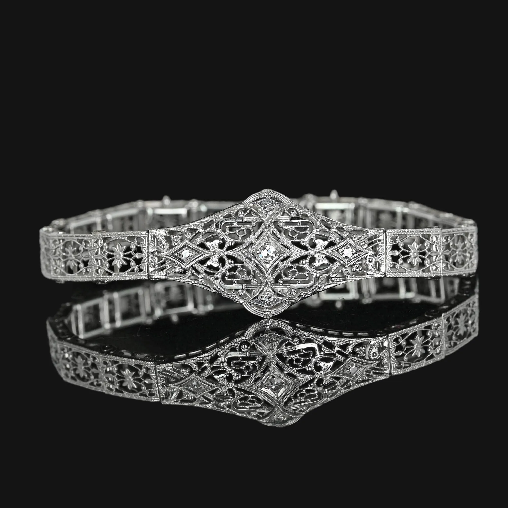 Art Deco 14K White Gold Floral Filigree Diamond Bracelet