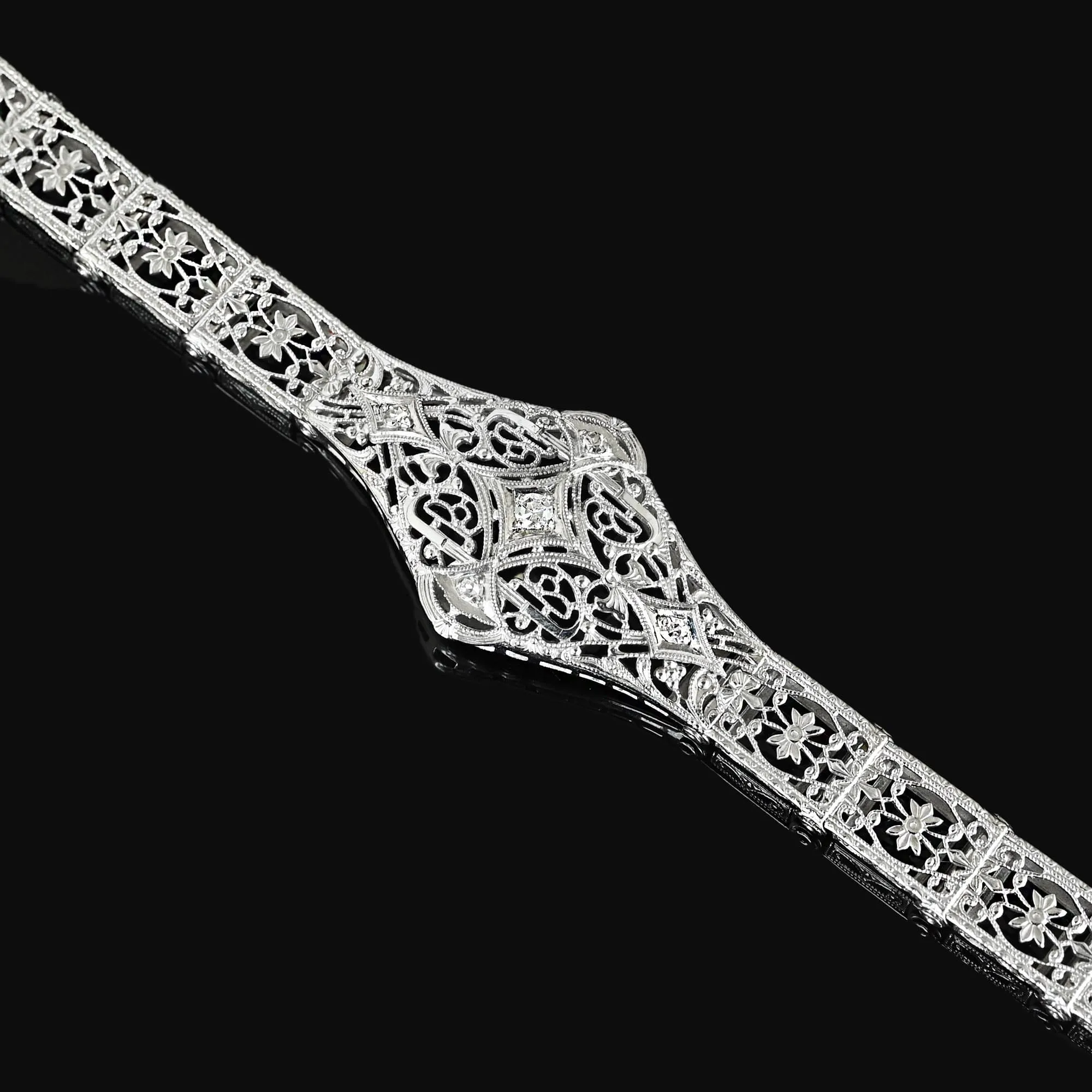 Art Deco 14K White Gold Floral Filigree Diamond Bracelet