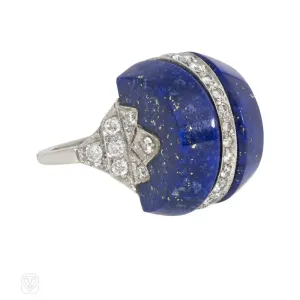 Art Deco carved lapis, diamond, and platinum ring