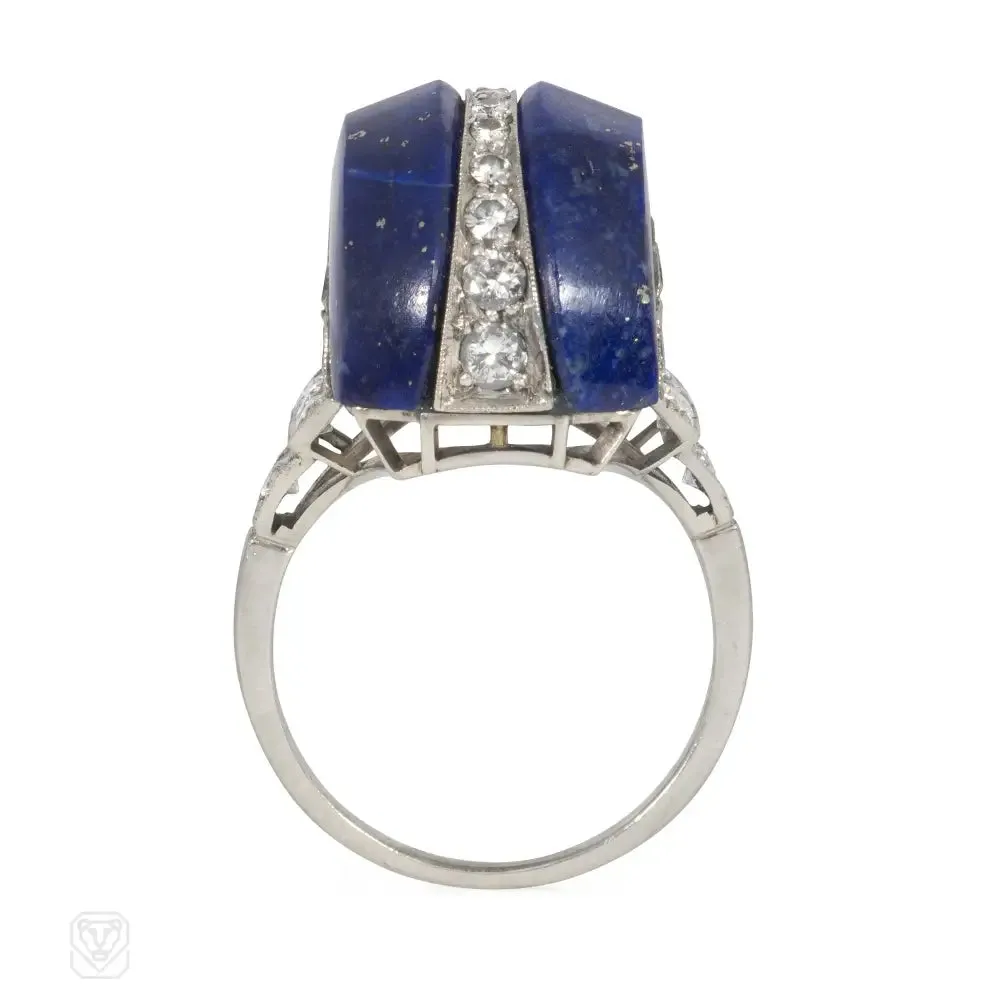 Art Deco carved lapis, diamond, and platinum ring