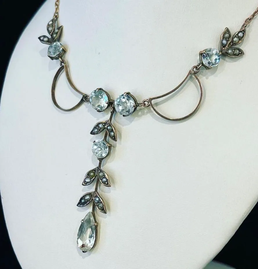 Art Nouveau Aquamarine and Pearl Necklace