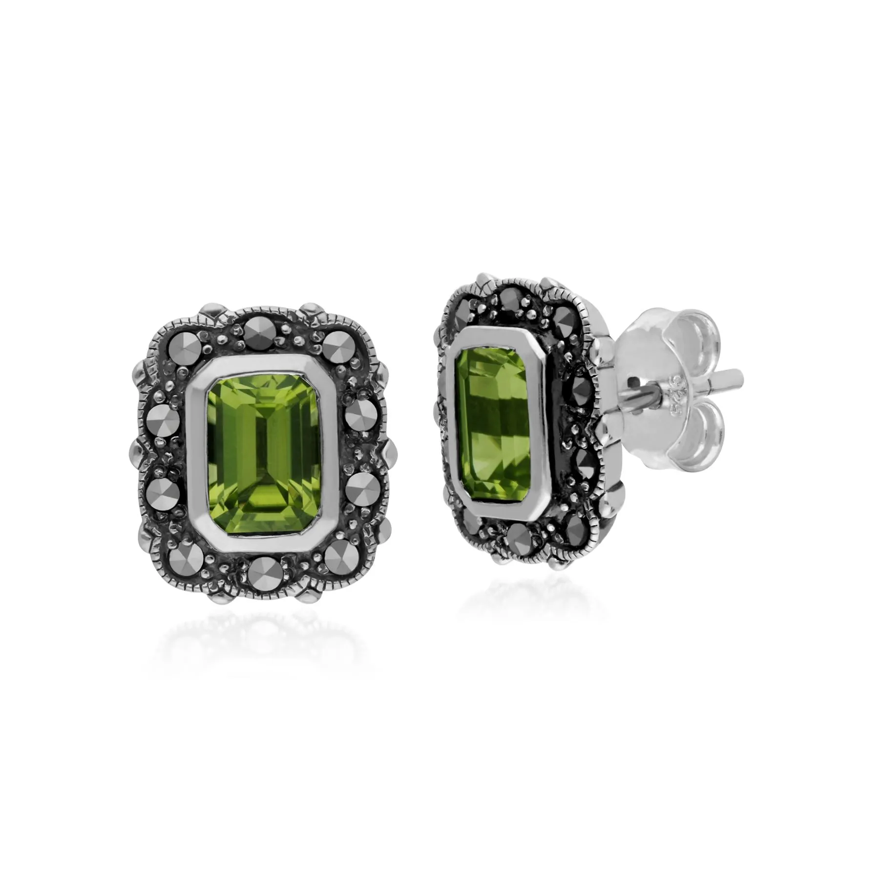 Art Nouveau Stil Peridot & Markasit Octagon Ohrstecker in Sterling Silber