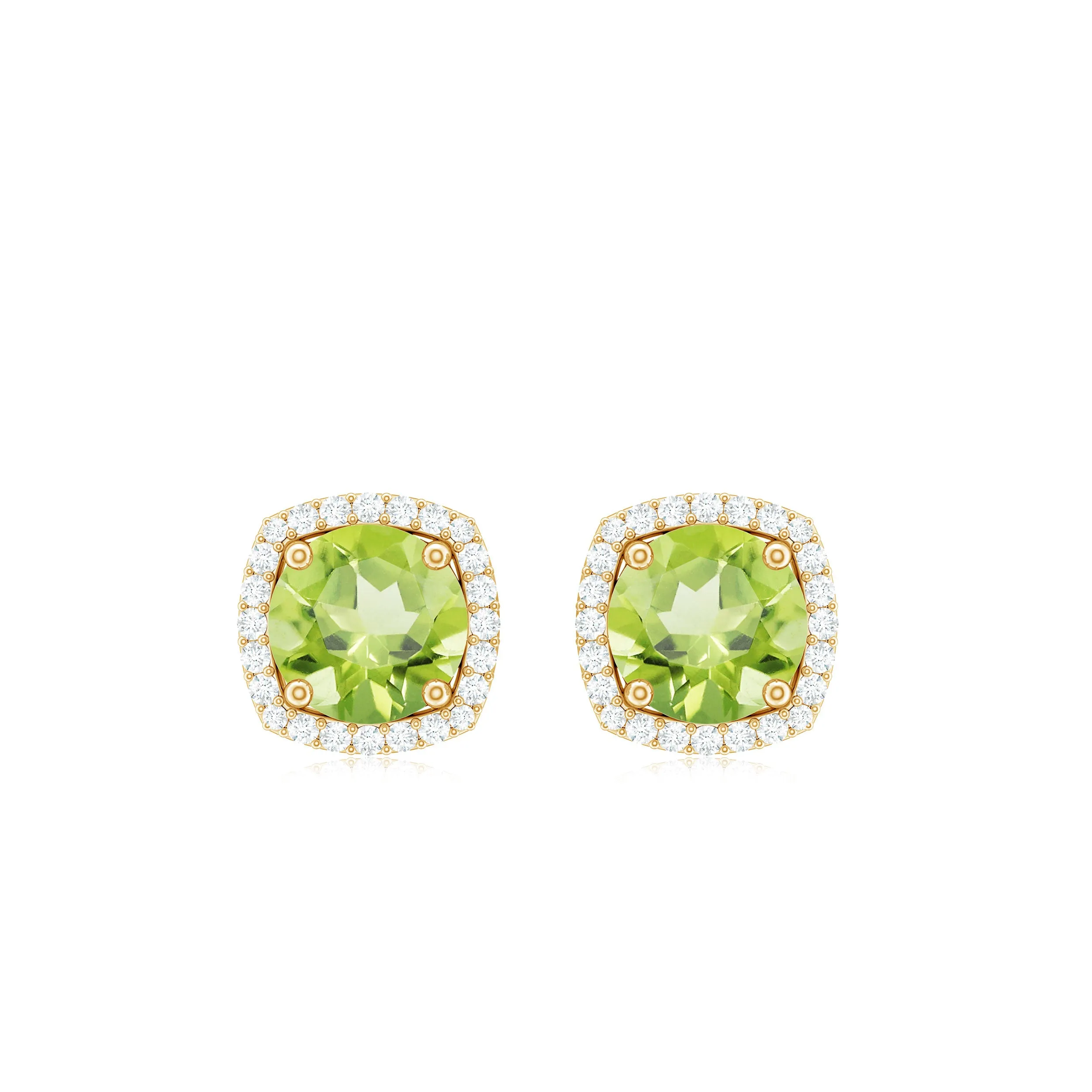 August Birthstone Elegant Round Shape Peridot Stud Earrings with Diamond Halo