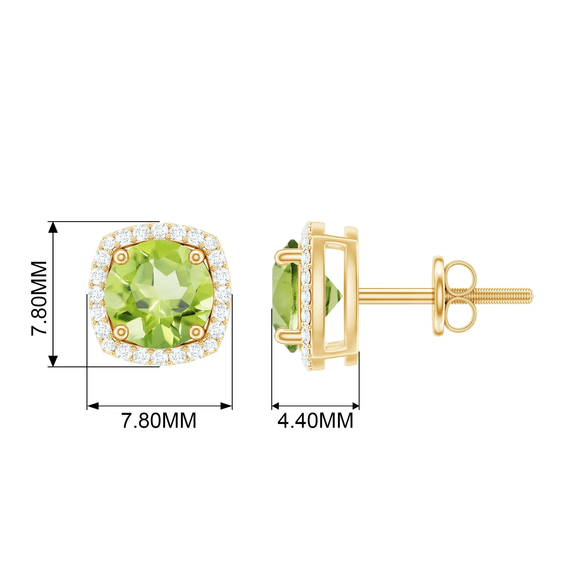 August Birthstone Elegant Round Shape Peridot Stud Earrings with Diamond Halo