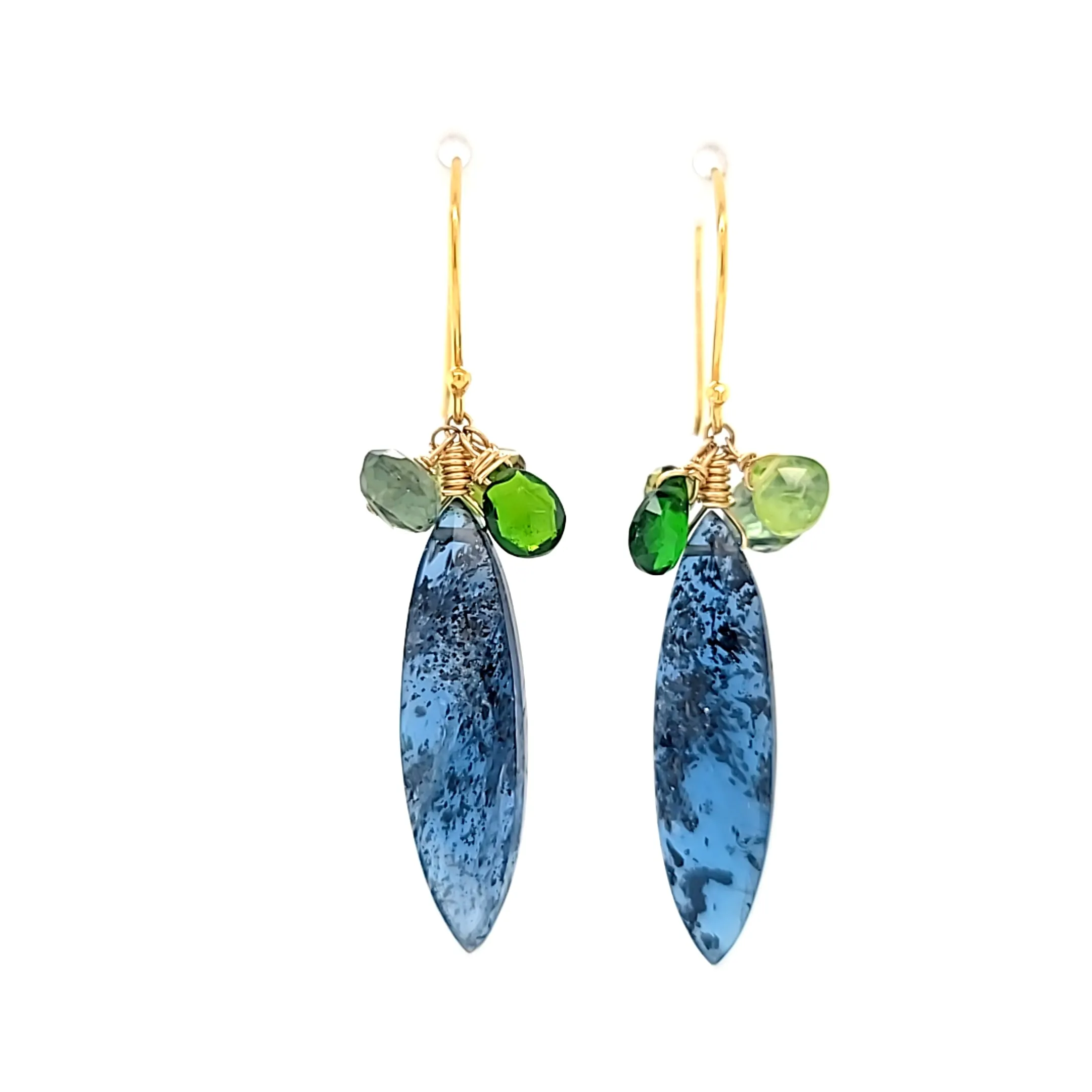 AVF Gold Elongated Kyanite & Peridot, Tsavorite & Tourmaline Cluster Earrings (SI3748)