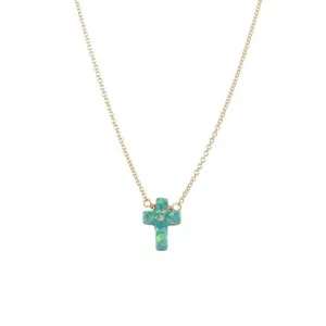 bara boheme - "CROSS" Opal Necklace - Small: 16" Gold Filled / Sea green