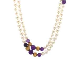 BCJ Estate Jewelry Yellow Gold Pearl and Amethyst Necklace