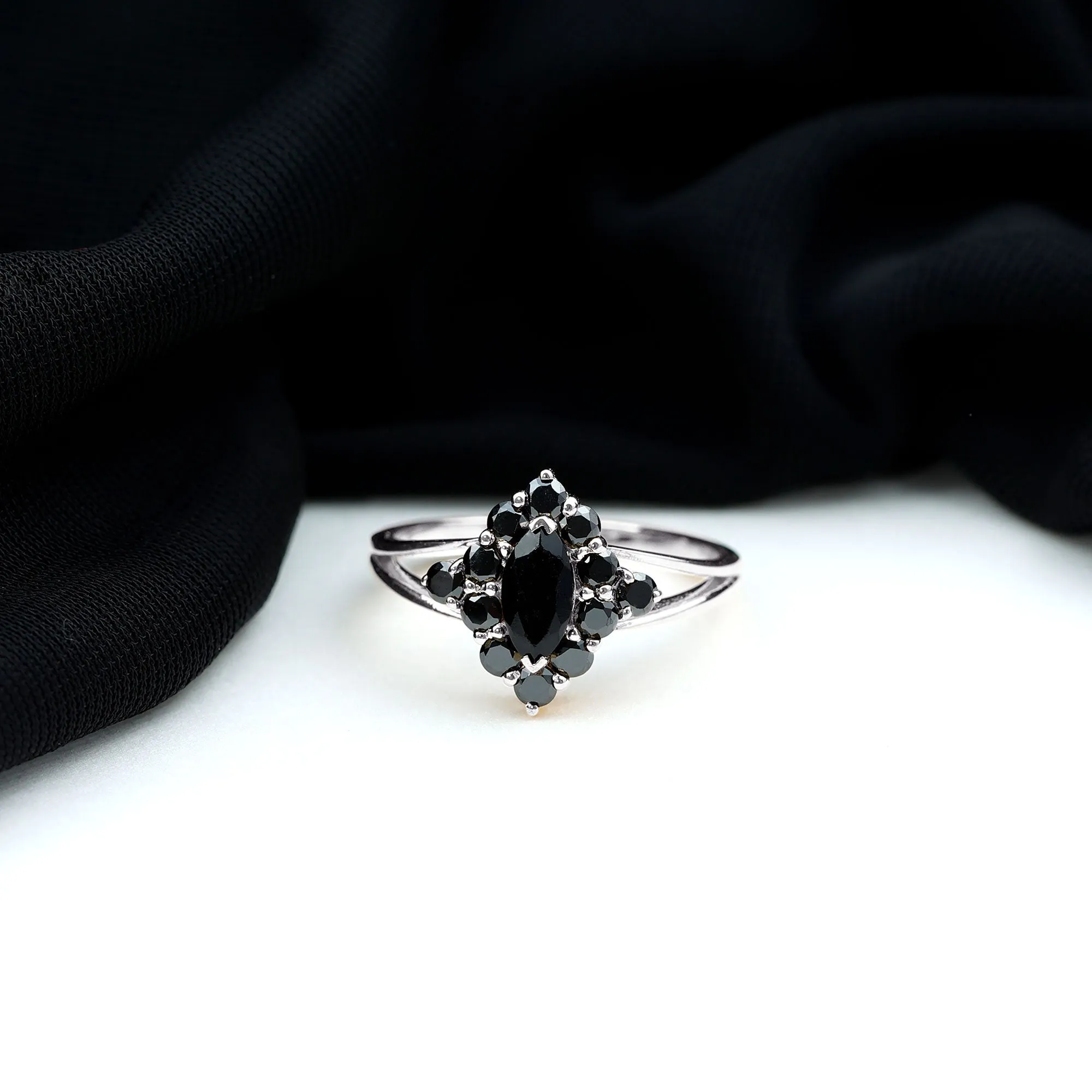 Black Onyx Cluster Cocktail Ring in Split Shank