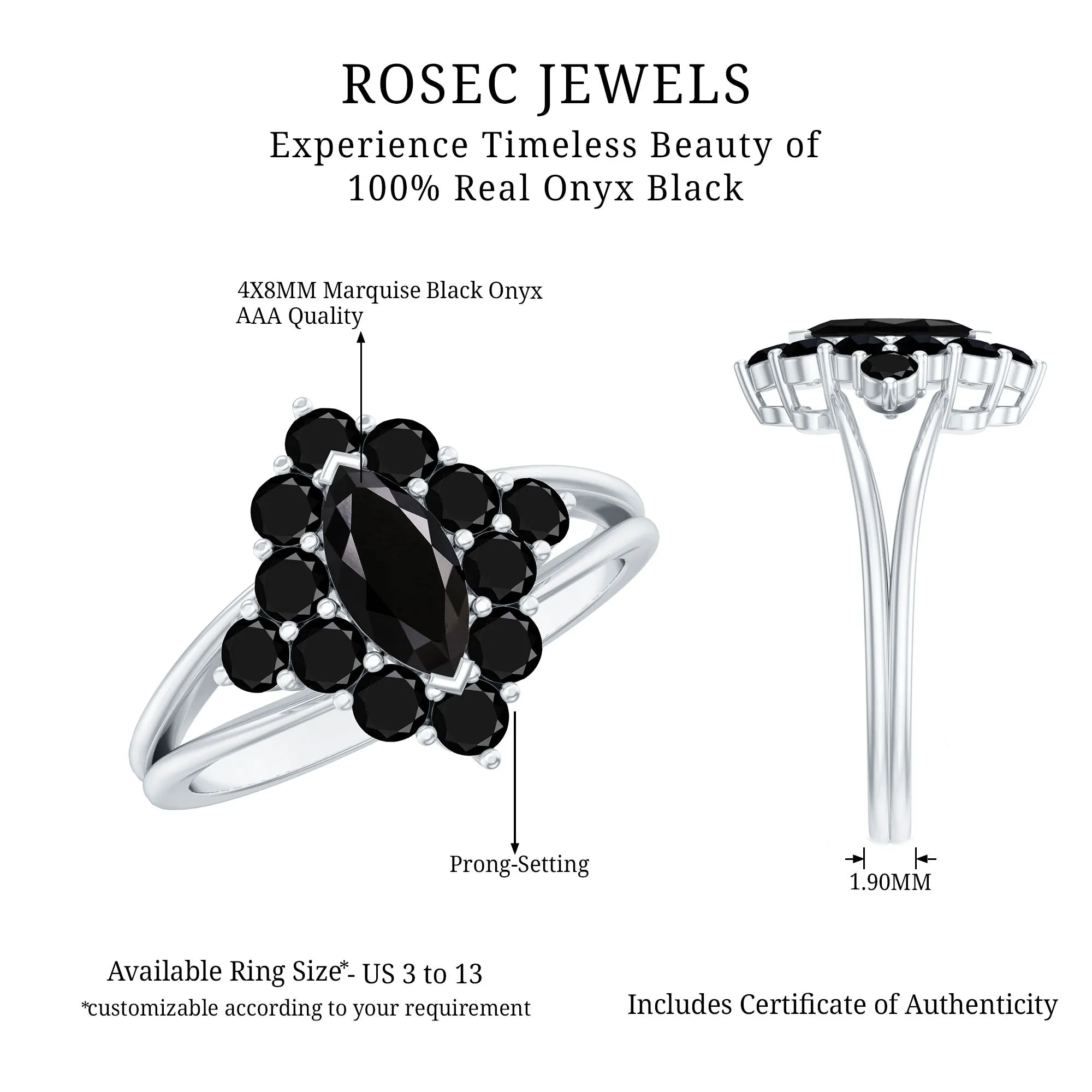 Black Onyx Cluster Cocktail Ring in Split Shank