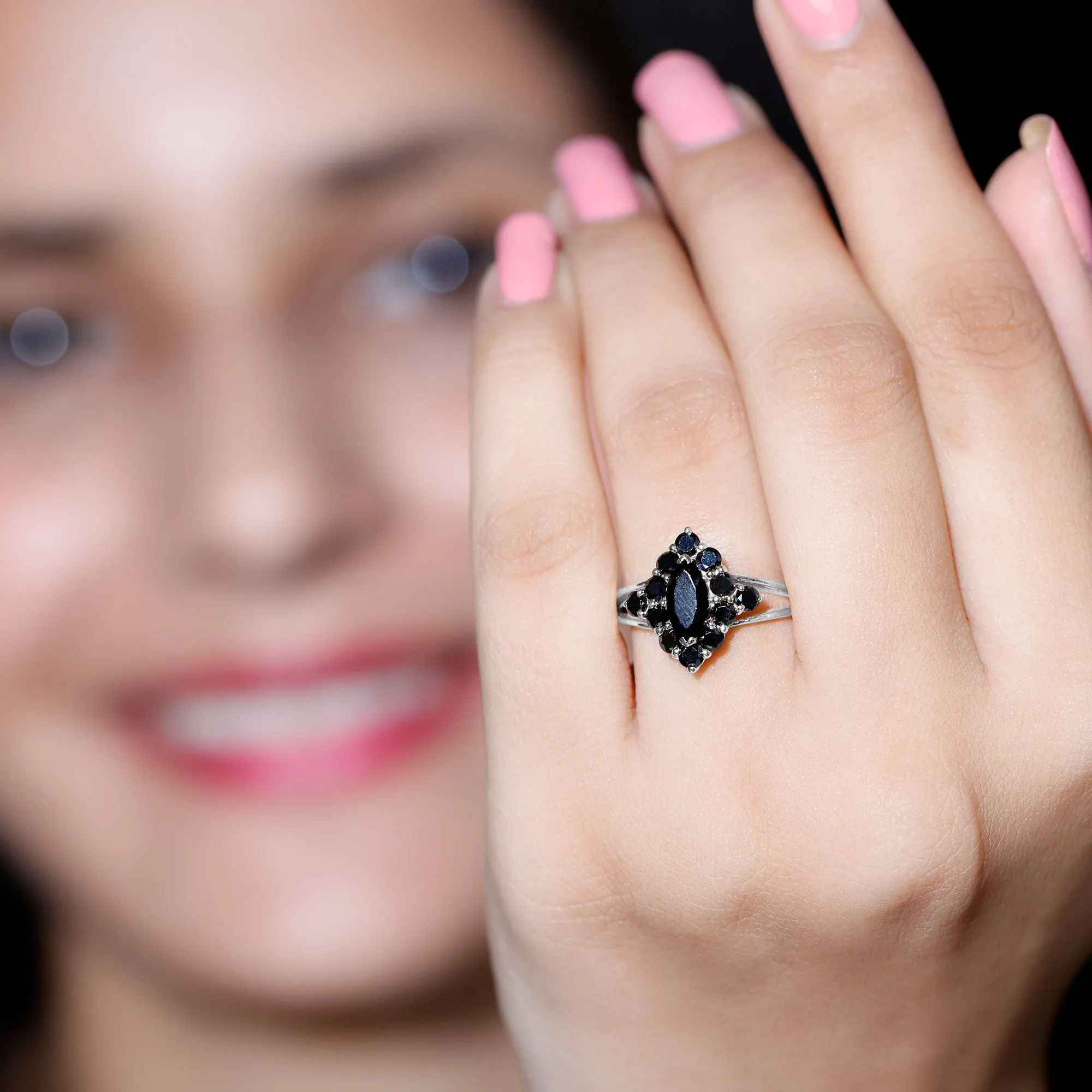 Black Onyx Cluster Cocktail Ring in Split Shank