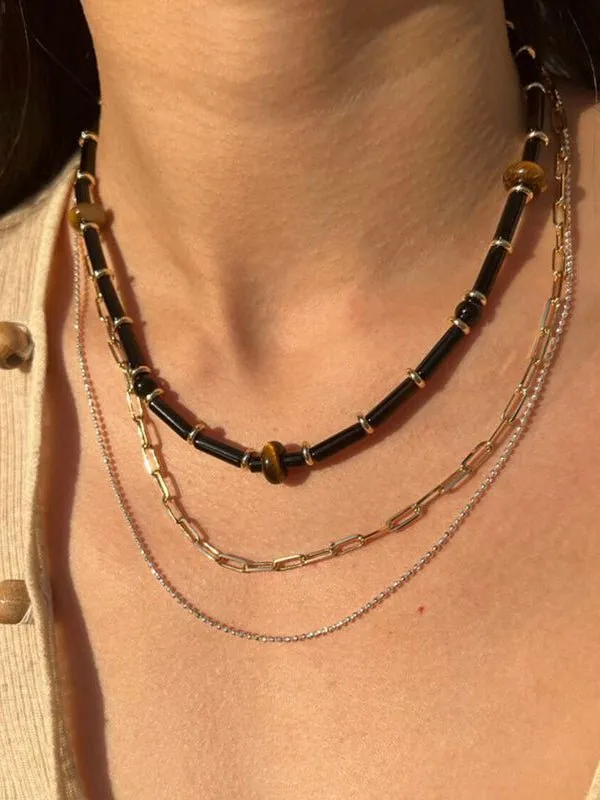 Black Onyx Tiger's Eye Stone Beaded Necklace