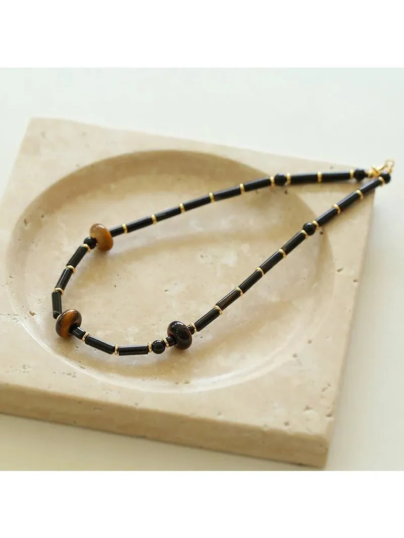 Black Onyx Tiger's Eye Stone Beaded Necklace