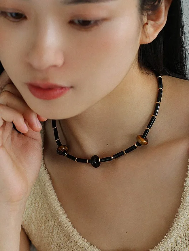 Black Onyx Tiger's Eye Stone Beaded Necklace