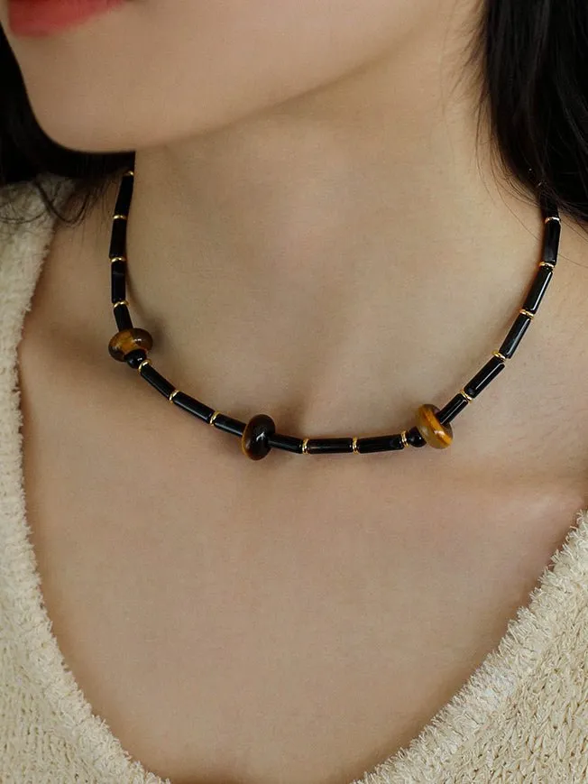 Black Onyx Tiger's Eye Stone Beaded Necklace